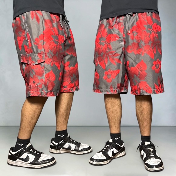 Sonoma Other - Sonoma Hibiscus Floral Board Shorts Grey Red Cargo Swim Trunks Size Large Y2K